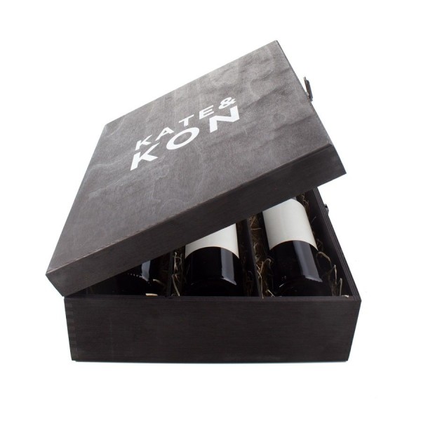 Kate & Kon Holzkiste für 3 Flaschen mit Klappdeckel schwarz