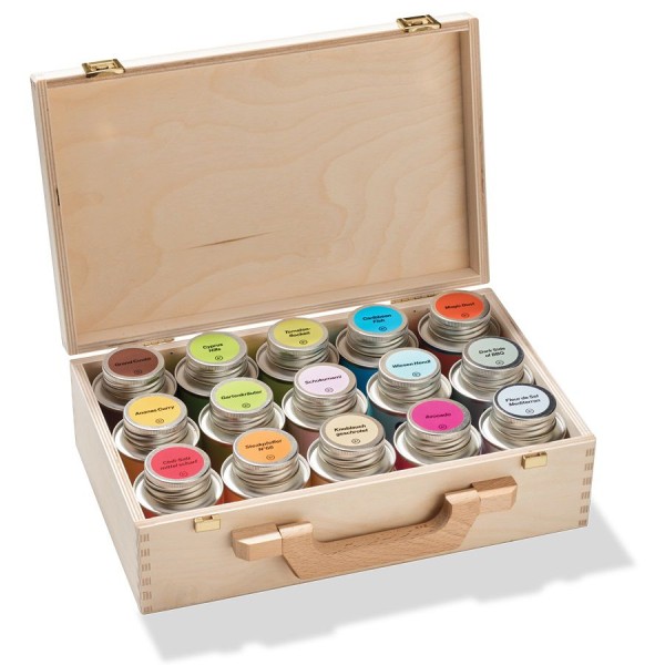 Geschenkbox "Colours of Spices" im Holzkoffer mit 15 ausgewählten Gewürzen